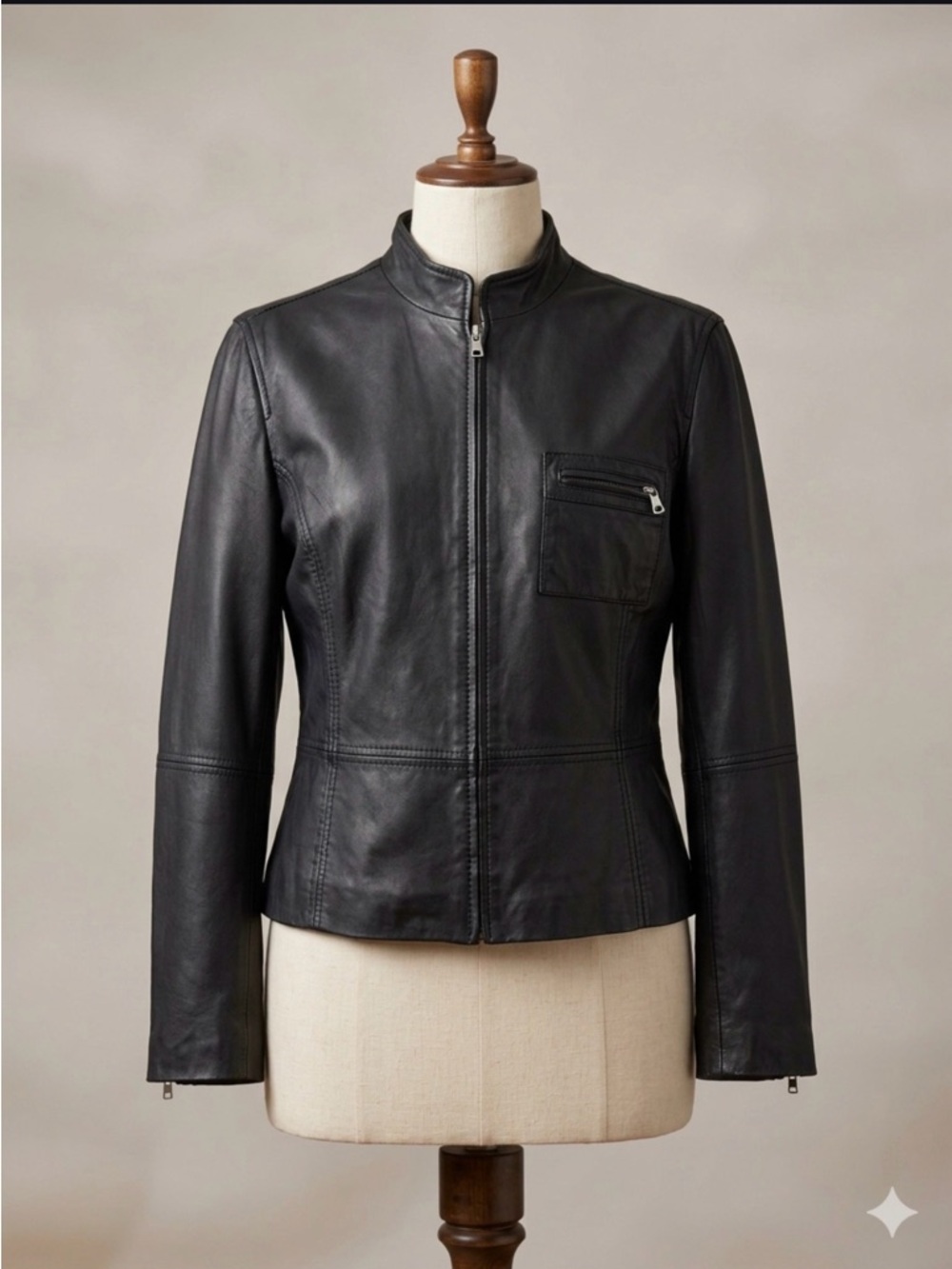 Women's Black Leather Zip-Front Jacket
